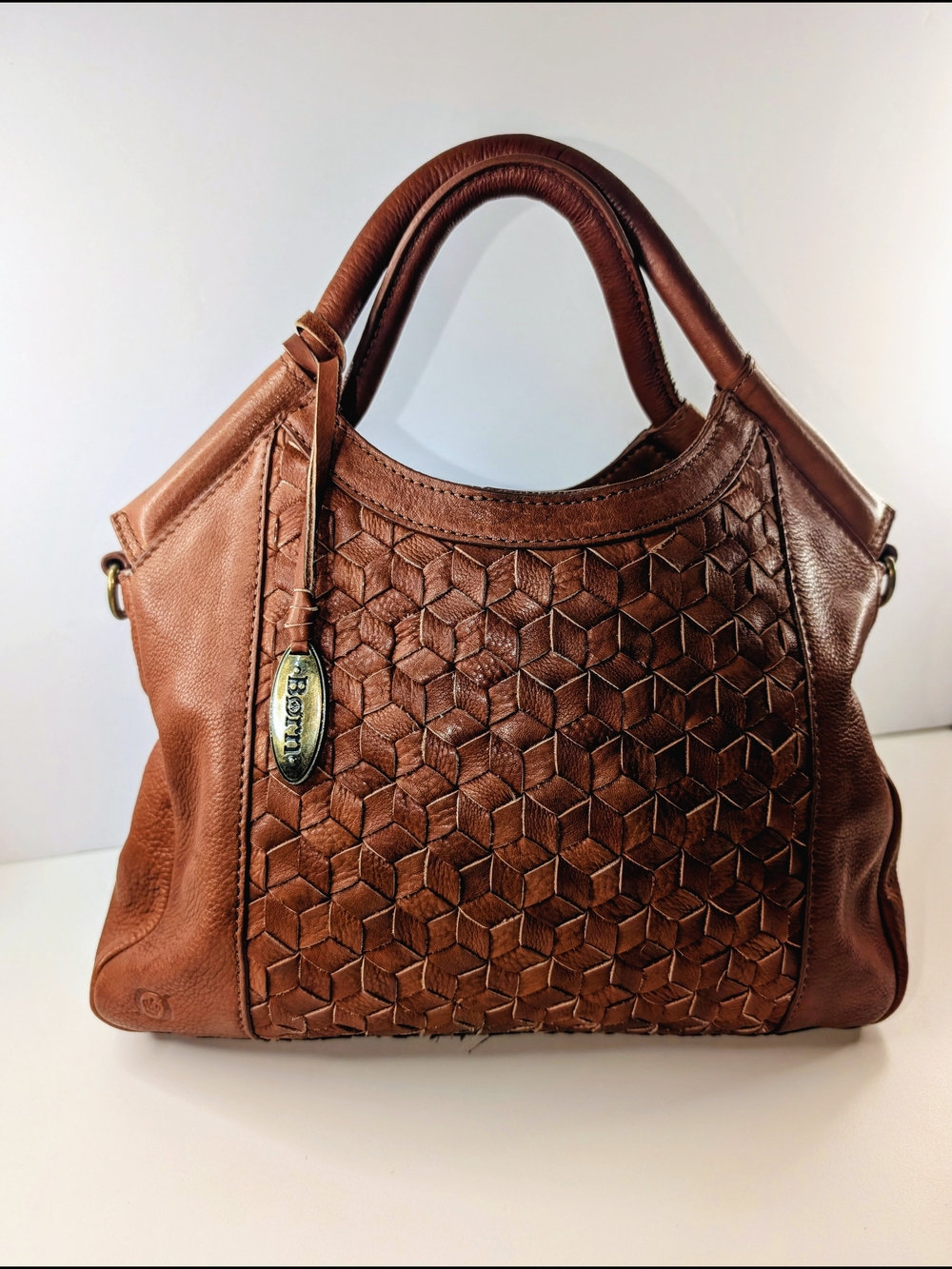 Born Millport Vintage Woven Leather Satchel / Bag, Purse Saddle Brown
